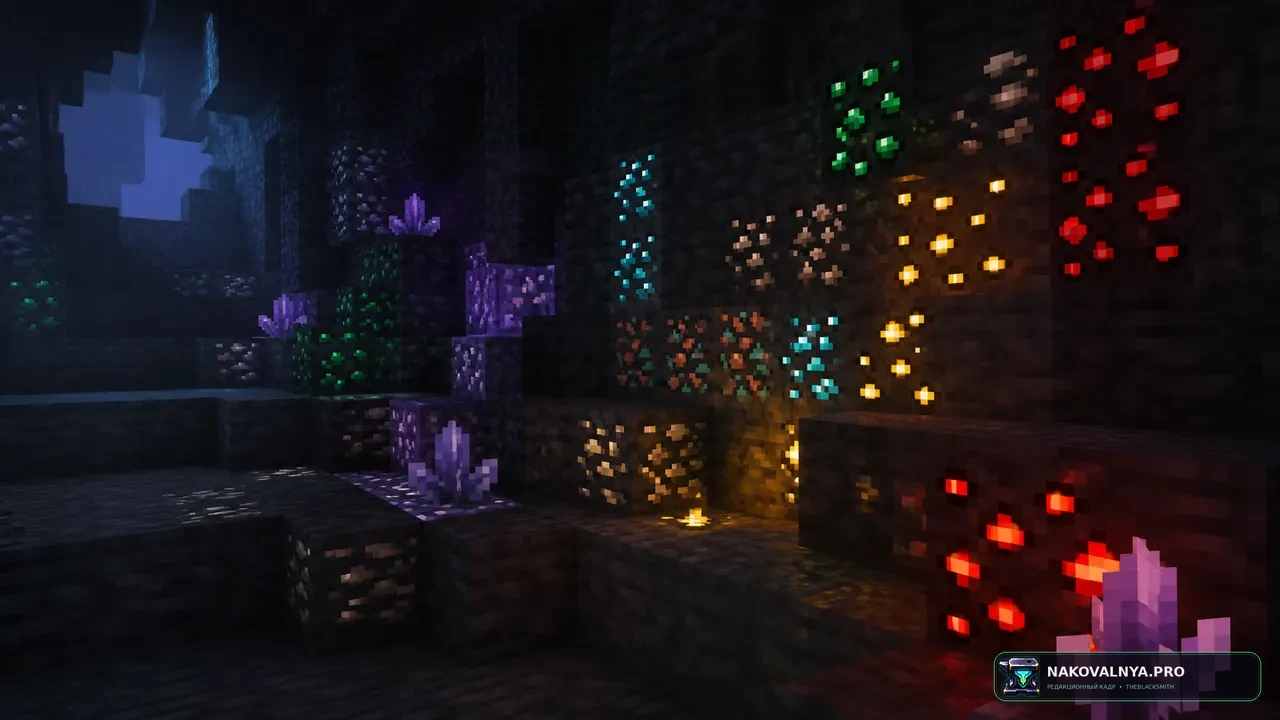 Emissive Ores Addon for Bare Bones/Trailers Vision: светящиеся руды в стиле анимационных трейлеров Minecraft — редакционная иллюстрация 2 из 3